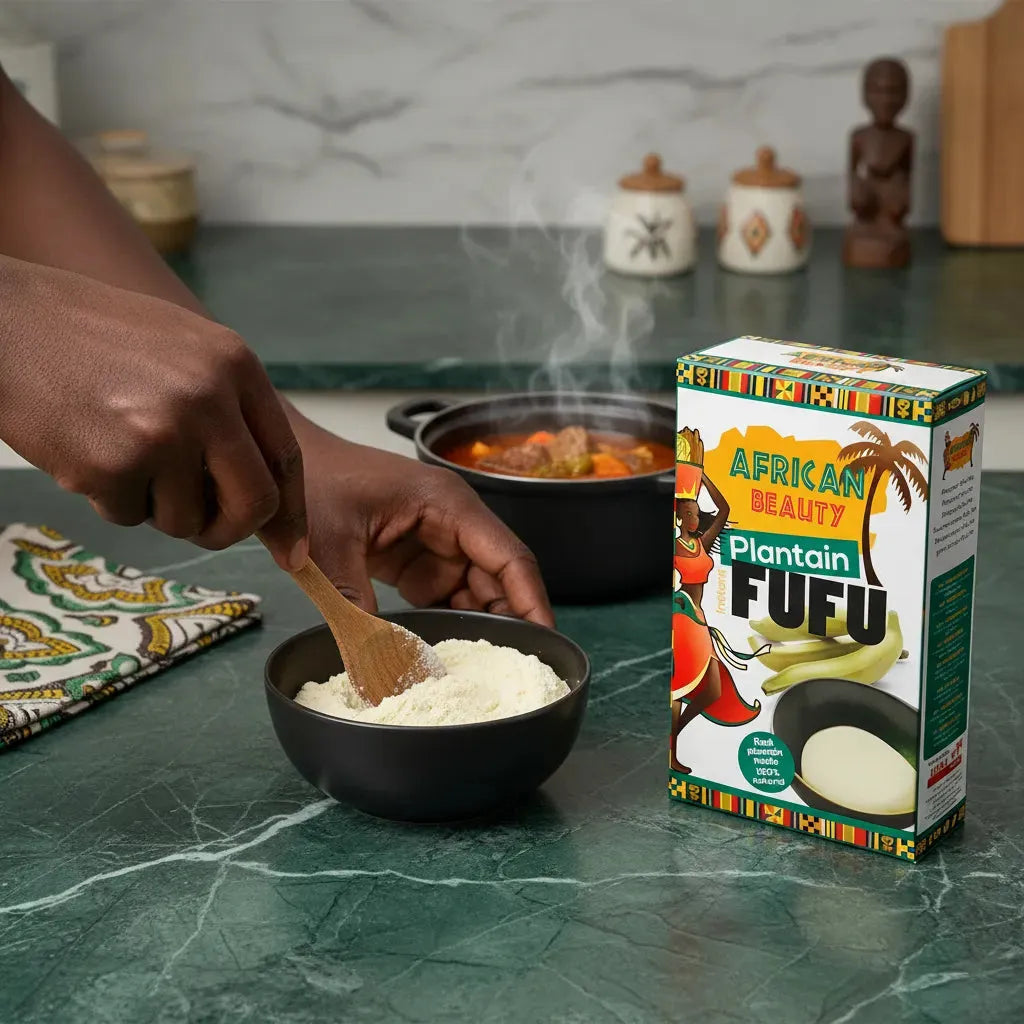 Préparation de fufu avec la farine de plantain verte AFRICAN BEAUTY, montrant sa texture fine et sa facilité d’utilisation en cuisine africaine.